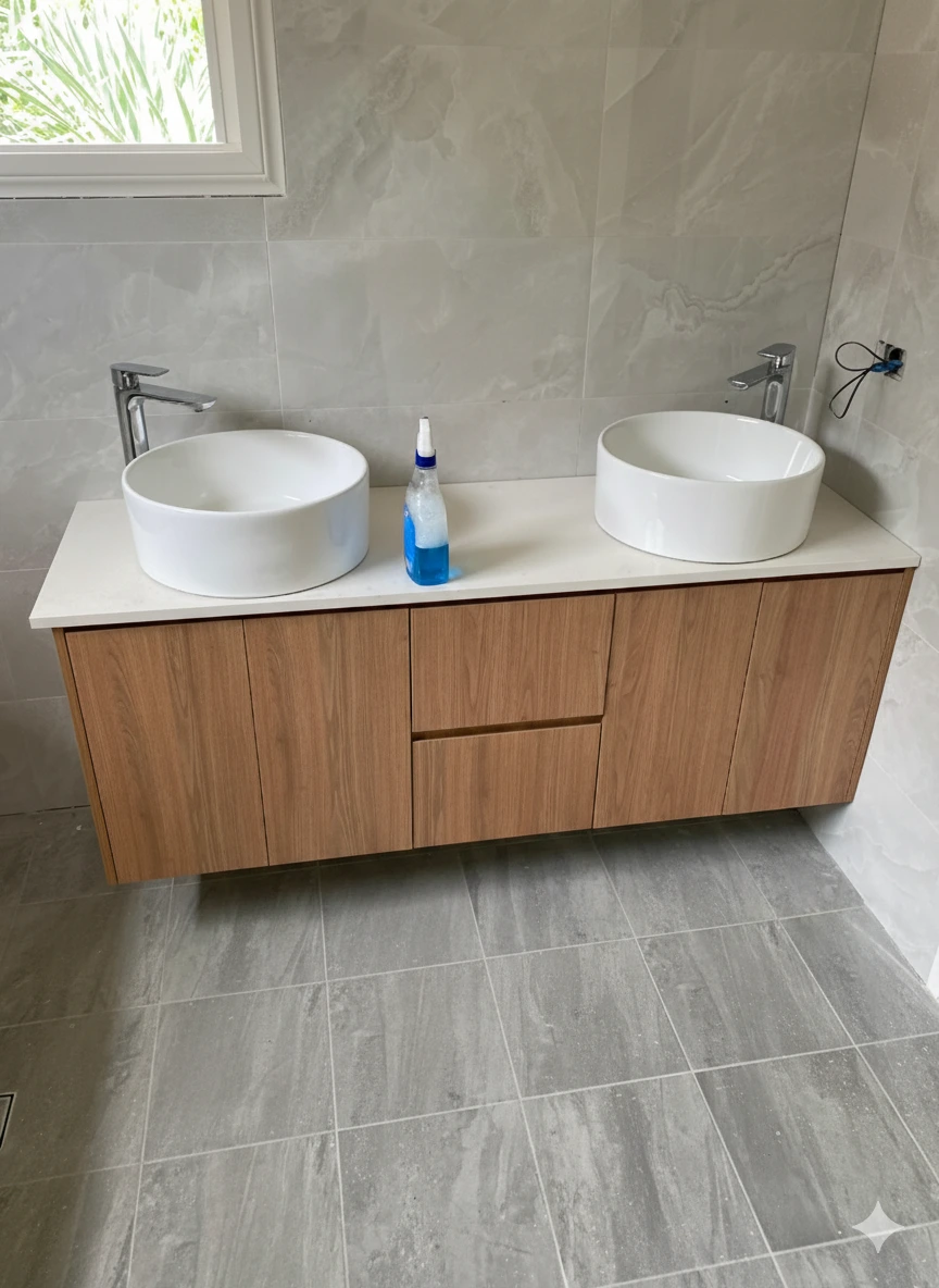 Contemporary Bathroom Enhancement: Wall-Hung Double Vanity and Faucet Installation